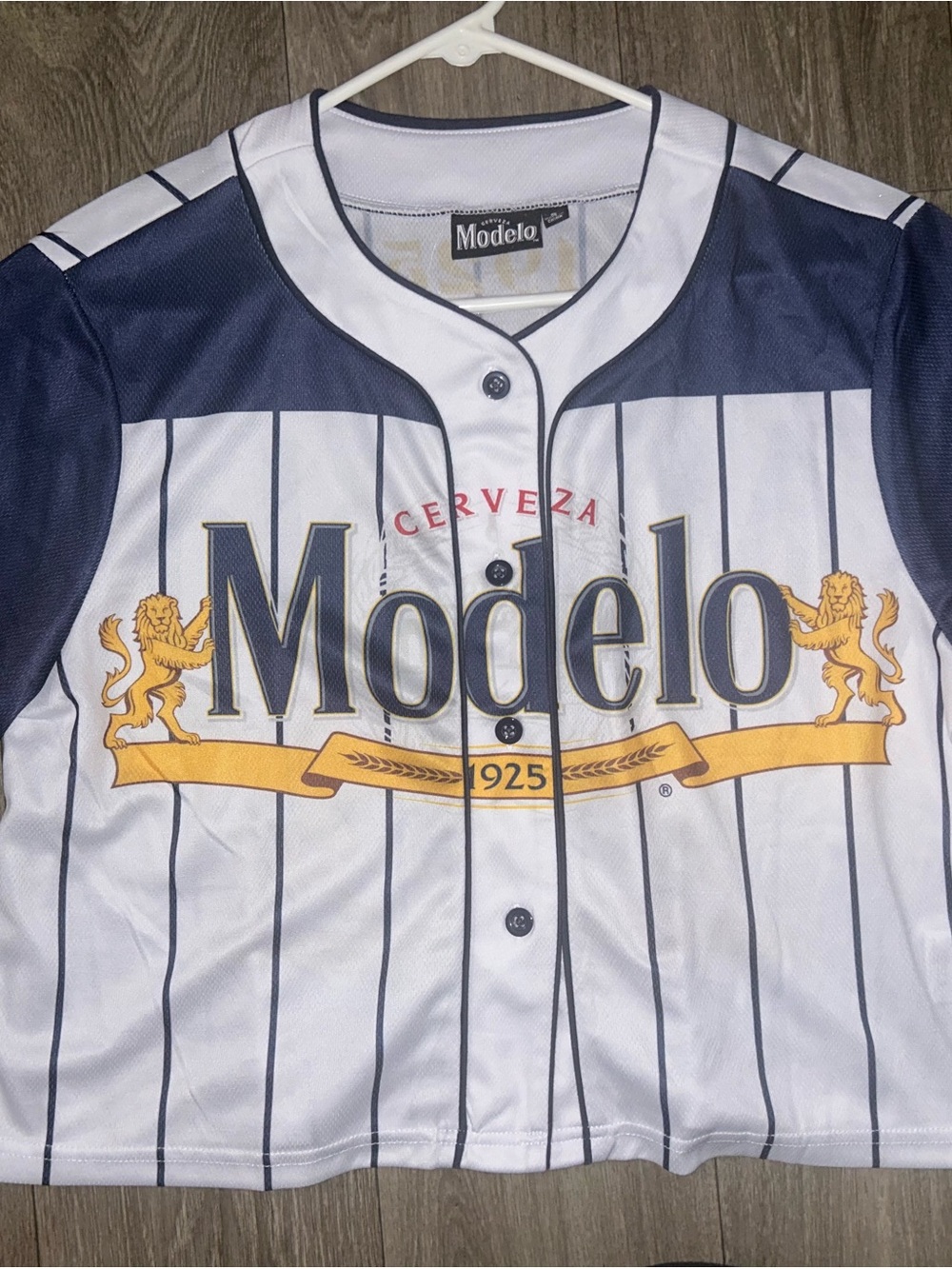 Modelo White, Navy & Gold Pinstripe Baseball Jersey
